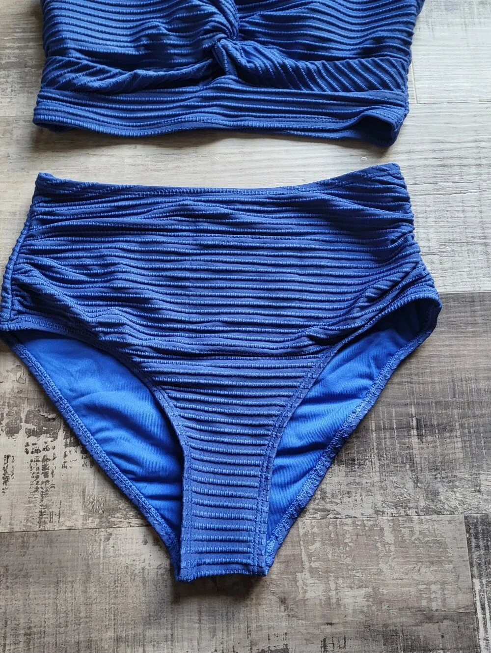 Two Piece Bikini Set Swimsuit Top & Bottom Size M NWOT Blue Textured High Waist